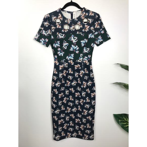 Yigal Azrouel Scuba Knit Floral Midi Dress Grommets Flattering Women's 2 - Picture 2 of 14